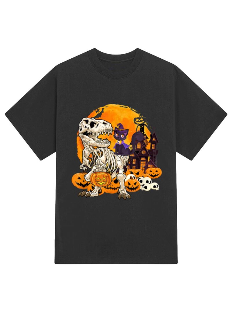Dinosaur Skeleton Pumpkin With Moon Halloween Cat Witchy T-Shirt - Image 2
