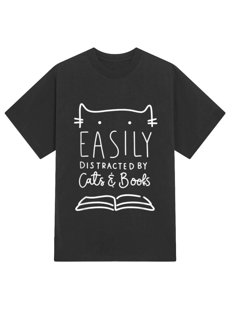 Easily Distracted-Cats And Books Funny Gift For Cat Lovers T-Shirt - Image 2