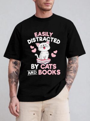 Easily Distracted By Cats and Books Cute Cat Book Lover T-Shirt