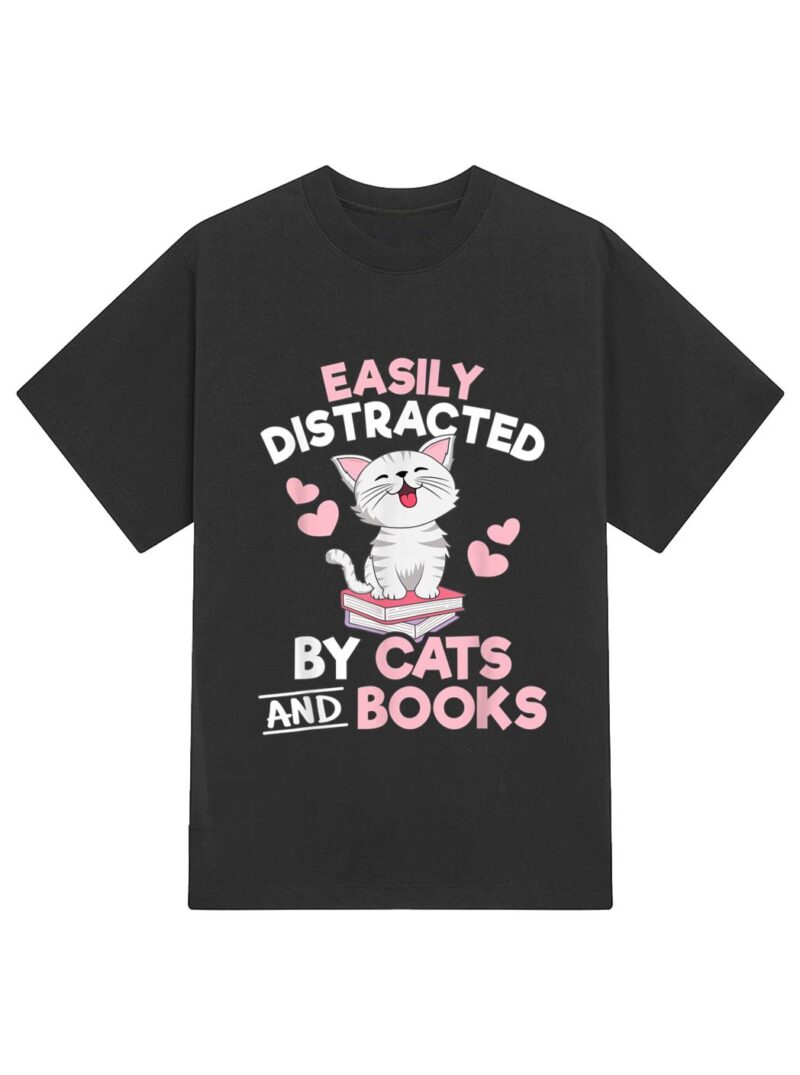 Easily Distracted By Cats and Books Cute Cat Book Lover T-Shirt - Image 2
