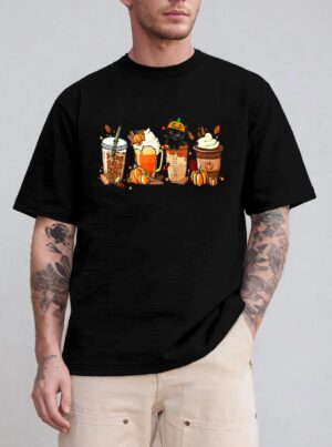 Fall Coffee Pumpkin Spice Latte Iced Autumn Black Cat T-Shirt