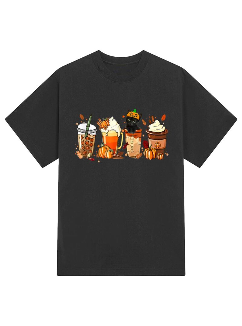 Fall Coffee Pumpkin Spice Latte Iced Autumn Black Cat T-Shirt - Image 2