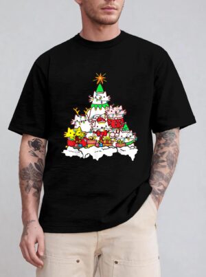 Funny Cat Christmas Tree Lights Costume Matching Pajama Gift T-Shirt
