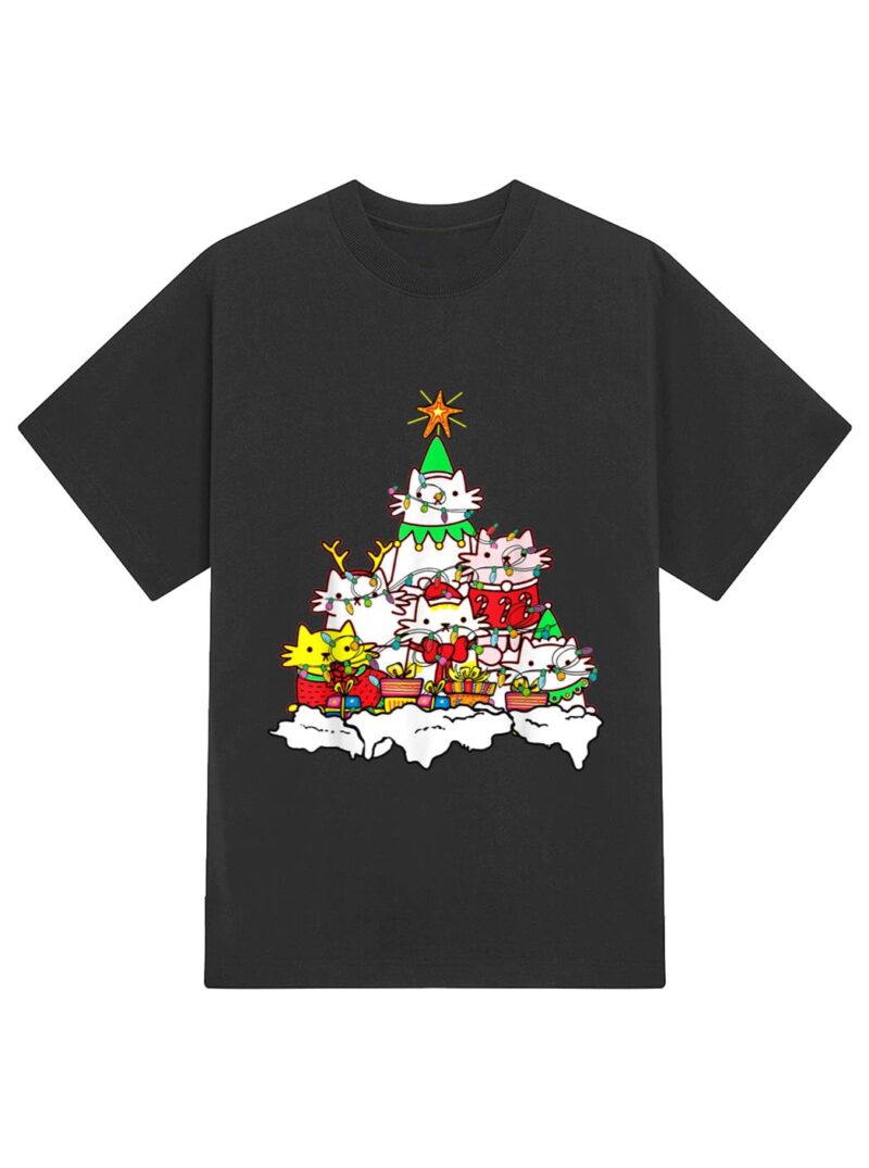 Funny Cat Christmas Tree Lights Costume Matching Pajama Gift T-Shirt - Image 2