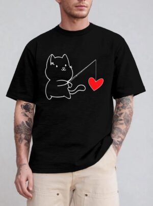 Funny Cat Fishing Heart Valentines Day T-Shirt