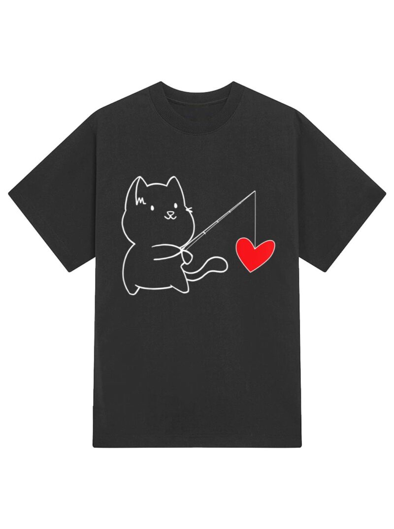 Funny Cat Fishing Heart Valentines Day T-Shirt - Image 2
