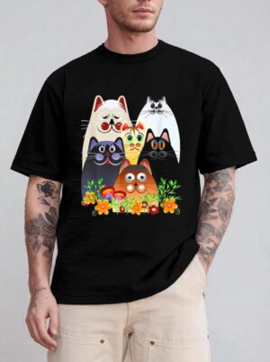 Funny Cat Happy Colorful Flowers T-Shirt