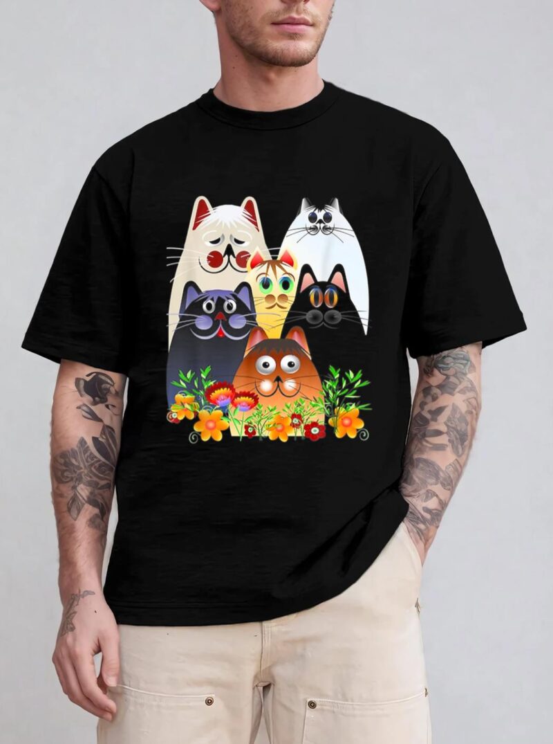 Funny Cat Happy Colorful Flowers T-Shirt