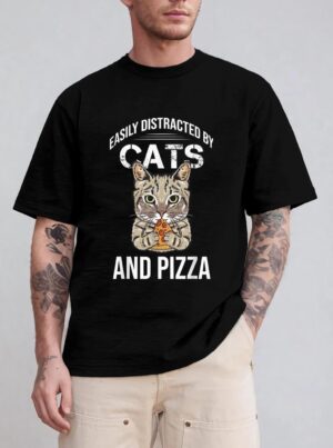 Funny Easily Distracted By Cats And Pizza Lovers Cat Lovers T-Shirt