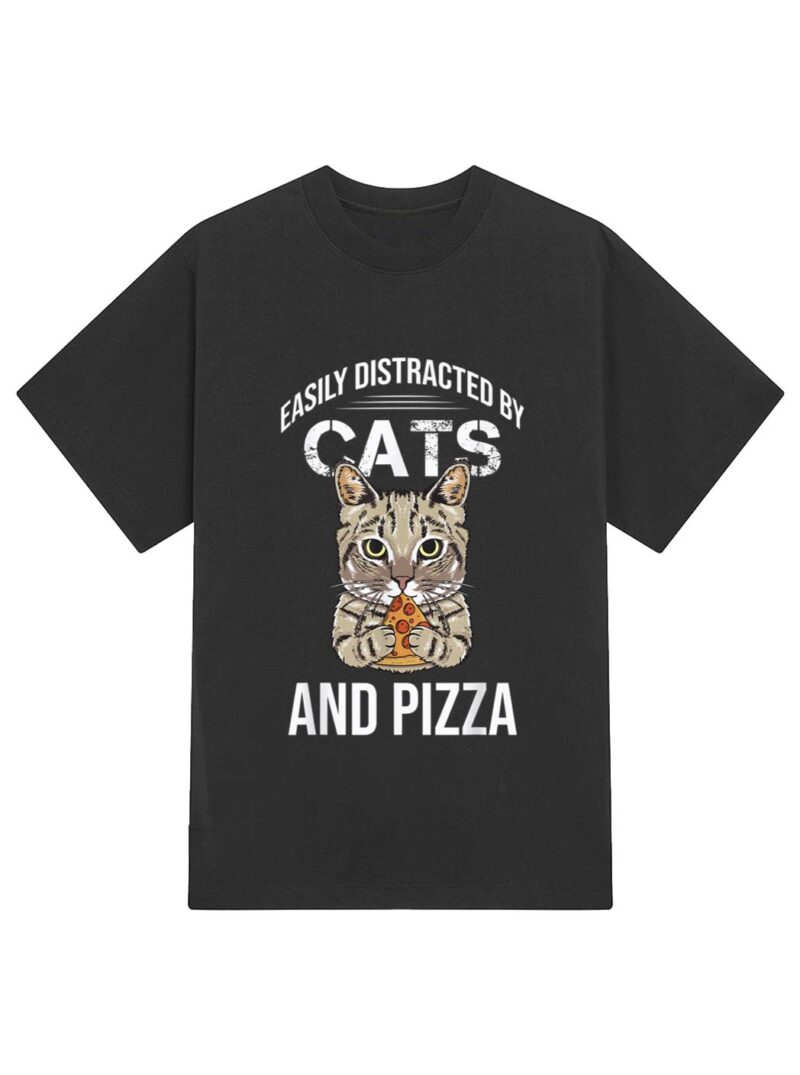 Funny Easily Distracted By Cats And Pizza Lovers Cat Lovers T-Shirt - Image 2