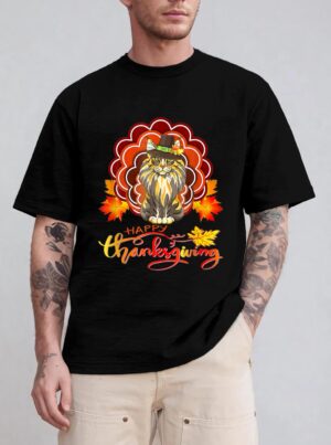 Funny Maine Coon Cat Urkey Happy Hanksgiving T-Shirt
