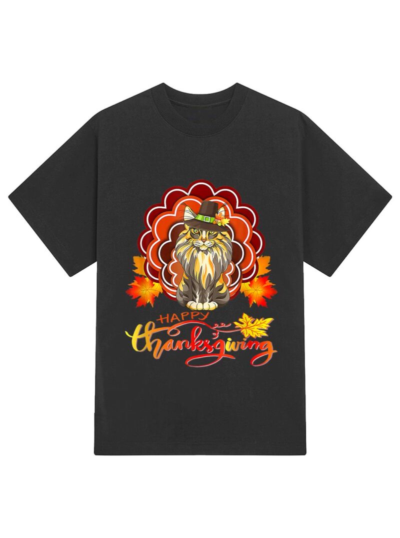 Funny Maine Coon Cat Urkey Happy Hanksgiving T-Shirt - Image 2