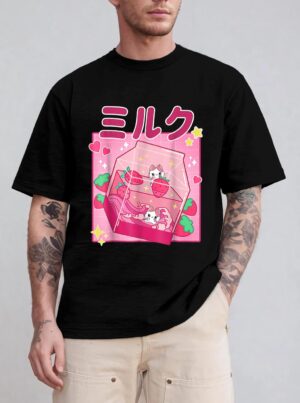 Funny Retro 90s Strawberry Milkshake Carton Kawaii Anime Cat T-Shirt