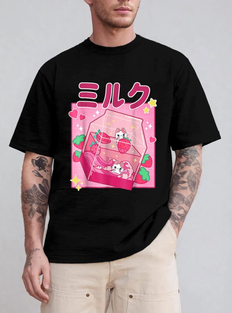 Funny Retro 90s Strawberry Milkshake Carton Kawaii Anime Cat T-Shirt