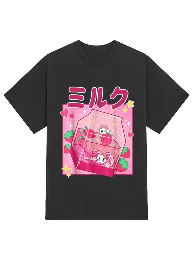 Funny Retro 90s Strawberry Milkshake Carton Kawaii Anime Cat T-Shirt - Image 2