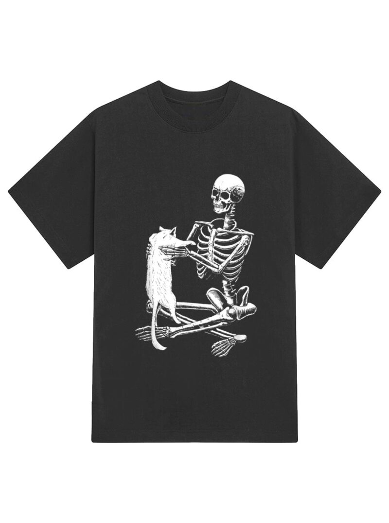 Funny Skeleton Holding A Cat Halloween T-Shirt - Image 2