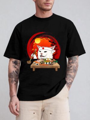 Funny White Cat Meme Eating Sushi Kawaii Sushi Cat T-Shirt