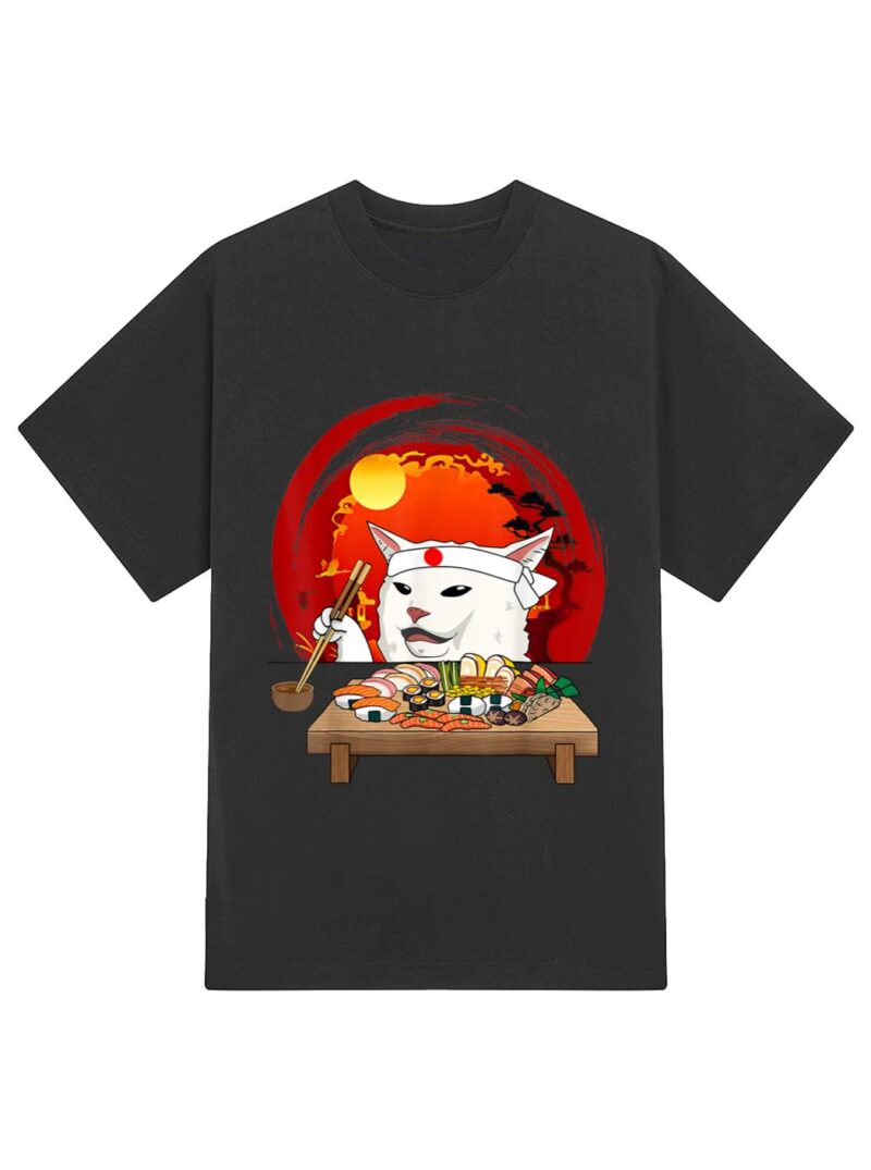 Funny White Cat Meme Eating Sushi Kawaii Sushi Cat T-Shirt - Image 2