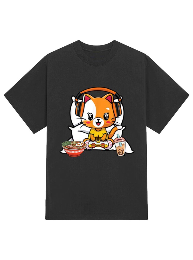 Gamer Cat Boba and Ramen Kawaii Anime Neko T-Shirt - Image 2