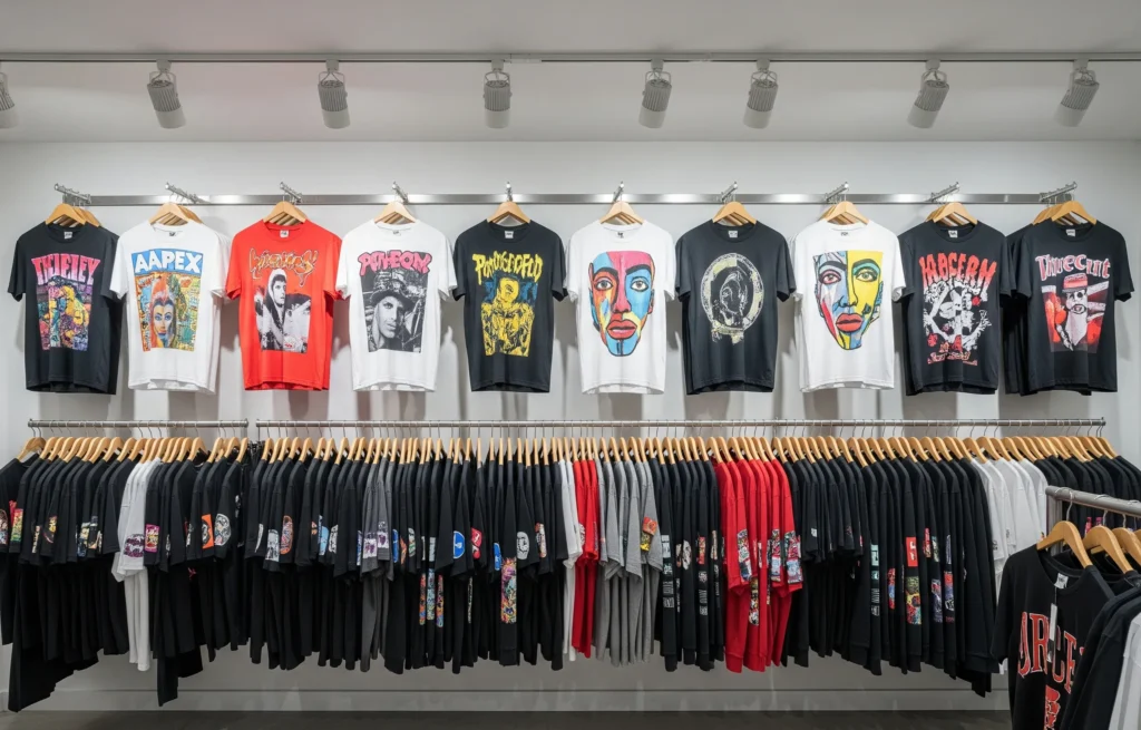 A modern, well-lit streetwear t-shirt retail shop interior with bold, graphic-heavy unisex t-shirts displayed on wooden hangers.