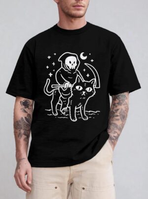 Grim Reaper Riding Cat Moon Funny Death Halloween Costume T-Shirt