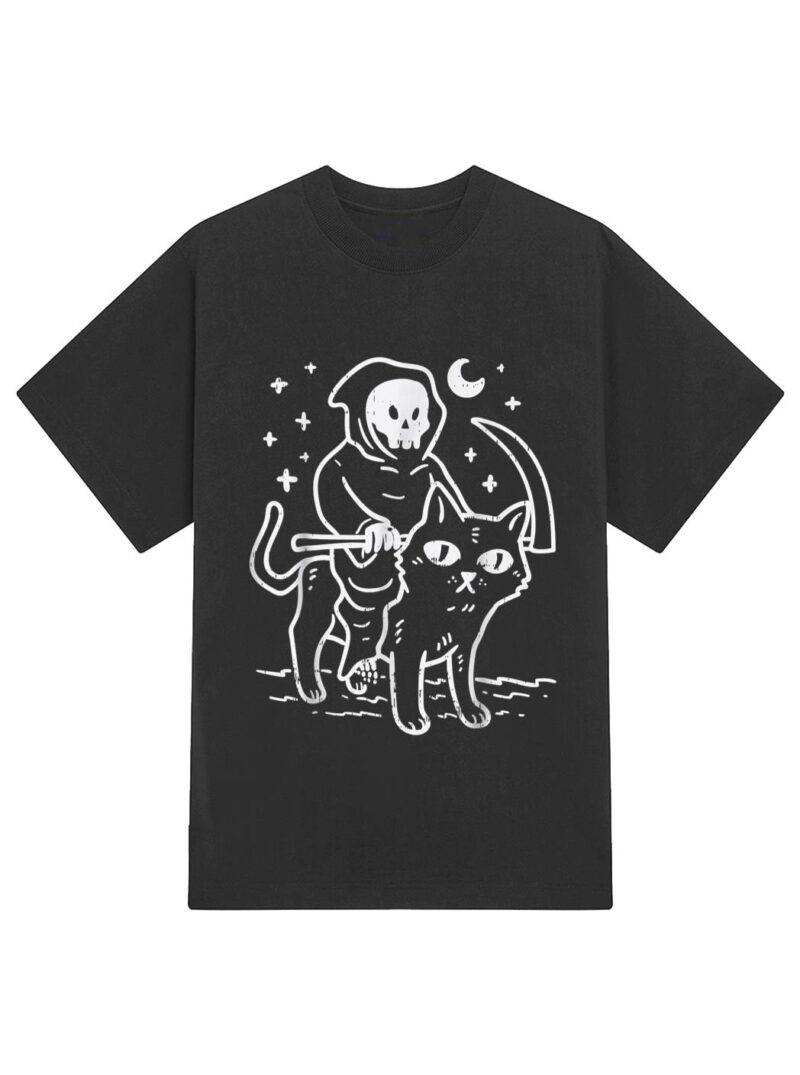 Grim Reaper Riding Cat Moon Funny Death Halloween Costume T-Shirt - Image 2