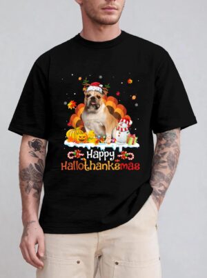 HalloThanksMas Halloween Thanksgiving Christmas Bulldog T-Shirt