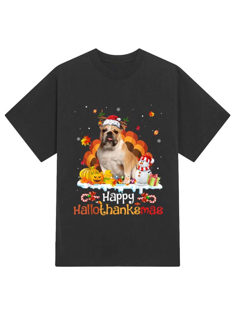 HalloThanksMas Halloween Thanksgiving Christmas Bulldog T-Shirt - Image 2