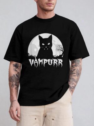 Halloween Black Cat Vampire With Full Moon - Vampurr Pun T-Shirt