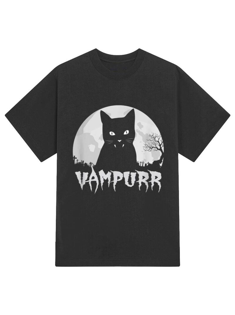 Halloween Black Cat Vampire With Full Moon - Vampurr Pun T-Shirt - Image 2