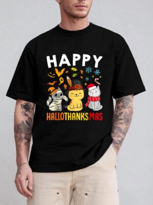 Halloween Thanksgiving Christmas Happy HalloThanksMas Cats T-Shirt