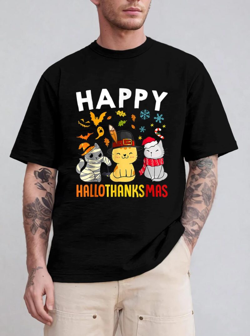 Halloween Thanksgiving Christmas Happy HalloThanksMas Cats T-Shirt