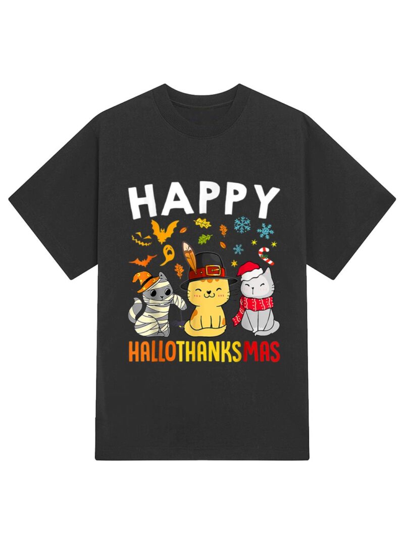 Halloween Thanksgiving Christmas Happy HalloThanksMas Cats T-Shirt - Image 2