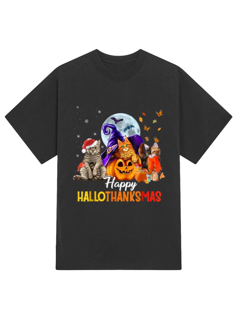 Happy-Thanksgiving Cat Happy-Hallothanksmas Cute-Cats T-Shirt - Image 2