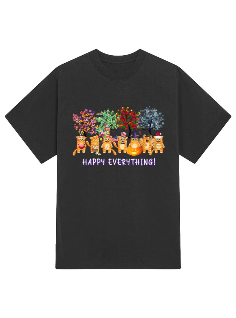 Happy Everything cat Seasons All Year Tree funny cat lover T-Shirt - Image 2