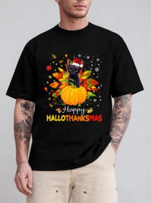 Happy Hallothanksmas Cat Halloween Thanksgiving Christmas T-Shirt