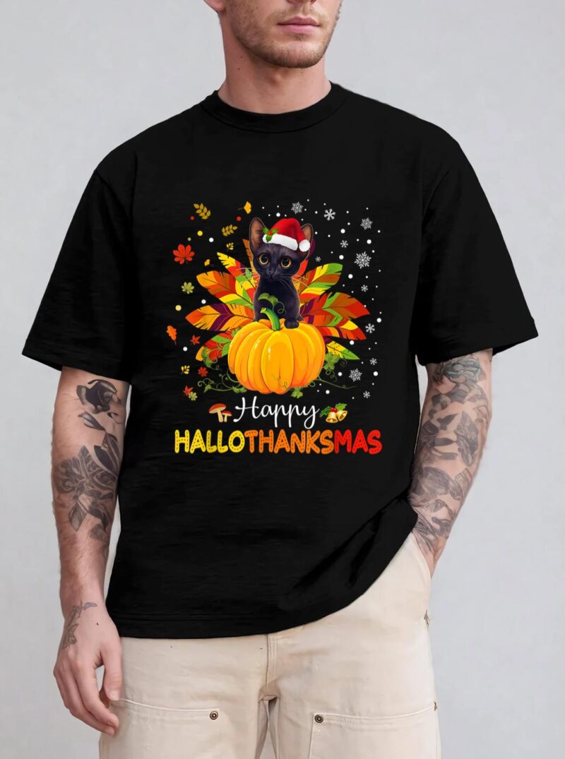 Happy Hallothanksmas Cat Halloween Thanksgiving Christmas T-Shirt