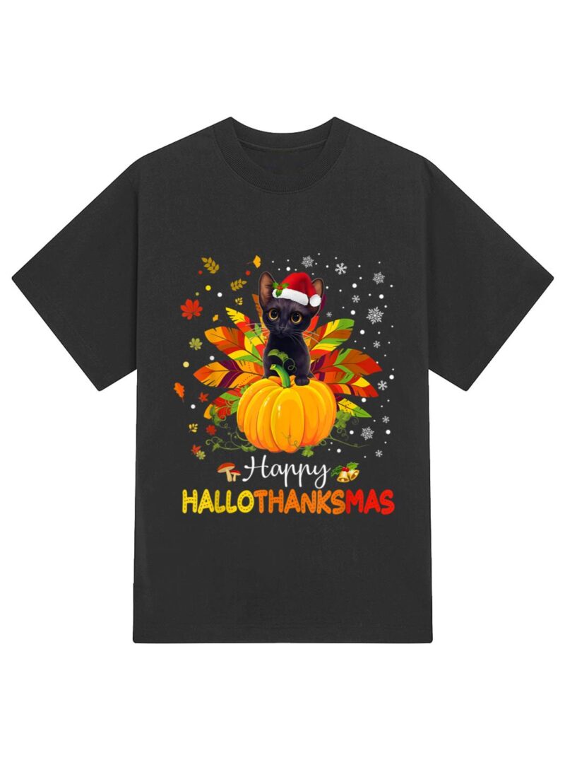 Happy Hallothanksmas Cat Halloween Thanksgiving Christmas T-Shirt - Image 2