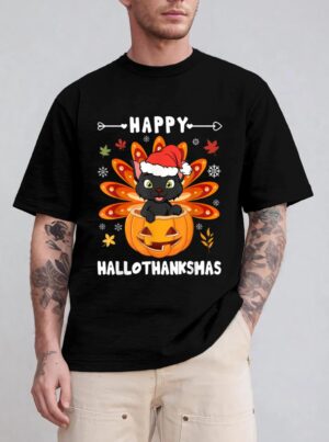 Happy Hallothanksmas Cat Turkey Cat Thanksgiving Christmas T-Shirt