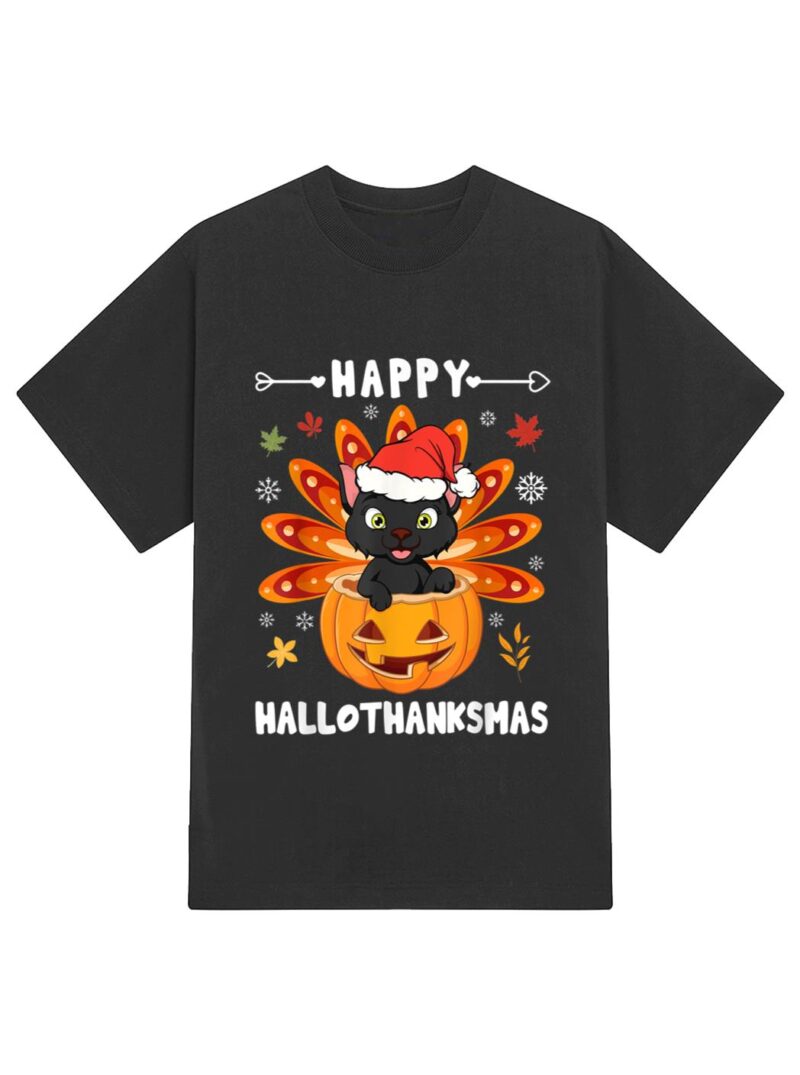 Happy Hallothanksmas Cat Turkey Cat Thanksgiving Christmas T-Shirt - Image 2