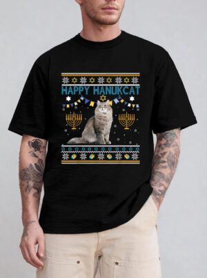Happy Hanukcat Ugly Hanukkah Sweater Cat Chanukah Jewish T-Shirt