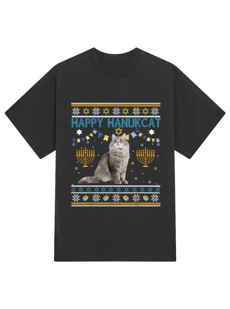 Happy Hanukcat Ugly Hanukkah Sweater Cat Chanukah Jewish T-Shirt - Image 2