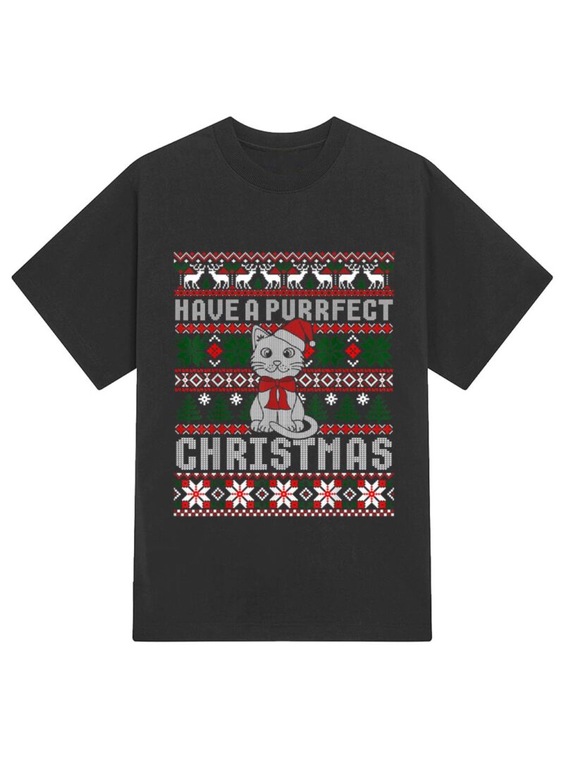 Have A Purrfect Christmas Cat Funny Pajama Ugly Sweater T-Shirt - Image 2