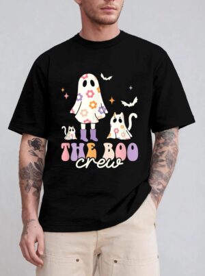 He Boo Crew Spooky Season Ghost Cat Halloween Groovy Retro T-Shirt