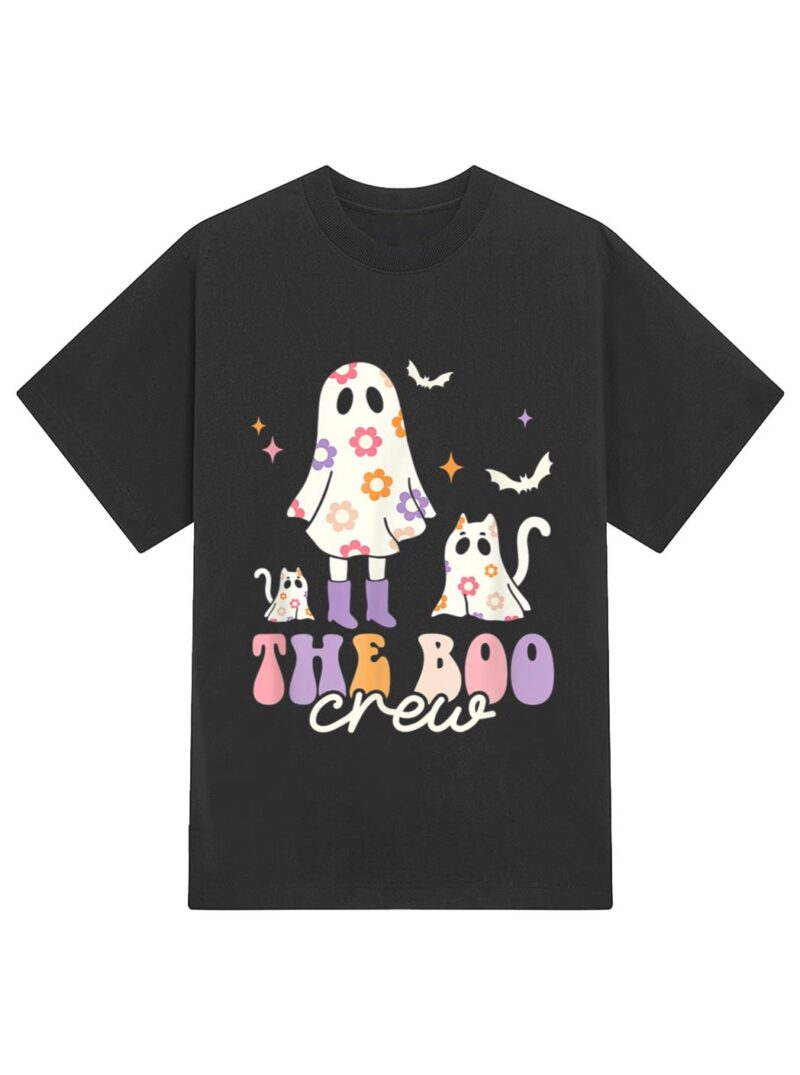 He Boo Crew Spooky Season Ghost Cat Halloween Groovy Retro T-Shirt - Image 2
