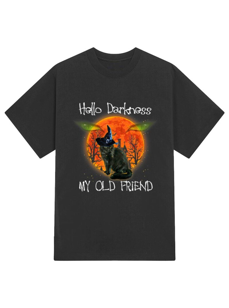 Hello Darkness My Old Friend Halloween Black Cat T-Shirt - Image 2