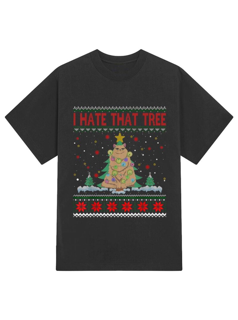 I Hate That Tree Funny Cats Christmas Tree T-Shirt - Image 2