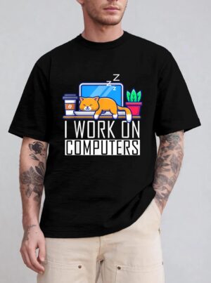 I Work On Computers Funny Cat Lovers Coding Programming T-Shirt