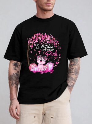 In October We Wear Pink Leopard Cat Breast Cancer Awareness T-Shirt