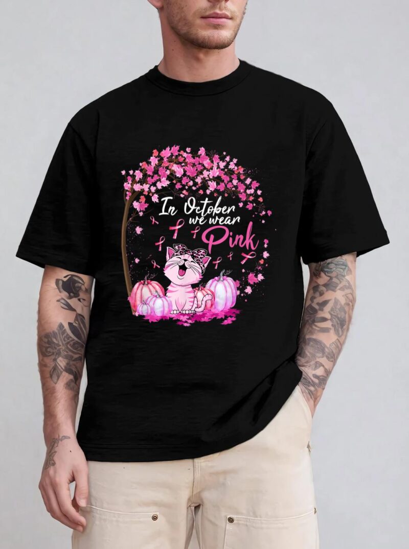 In October We Wear Pink Leopard Cat Breast Cancer Awareness T-Shirt
